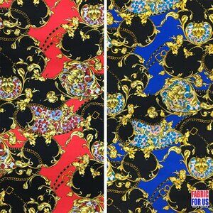 Paisley Floral Renaissance Stretch Poly-Spandex Fabric in Blue and Red 58"/60" W